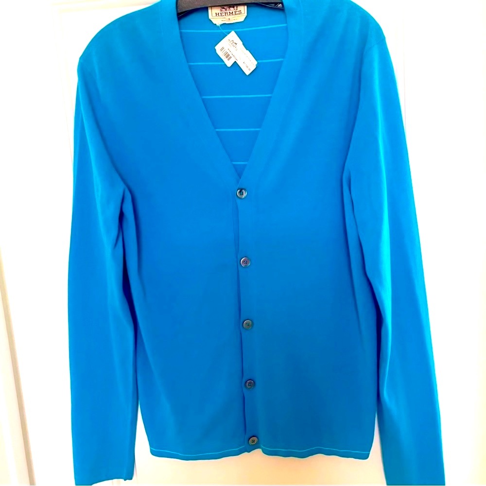 New Hermes V-Neck Cardigan in Aqua blue. Men’s S/Women’s M